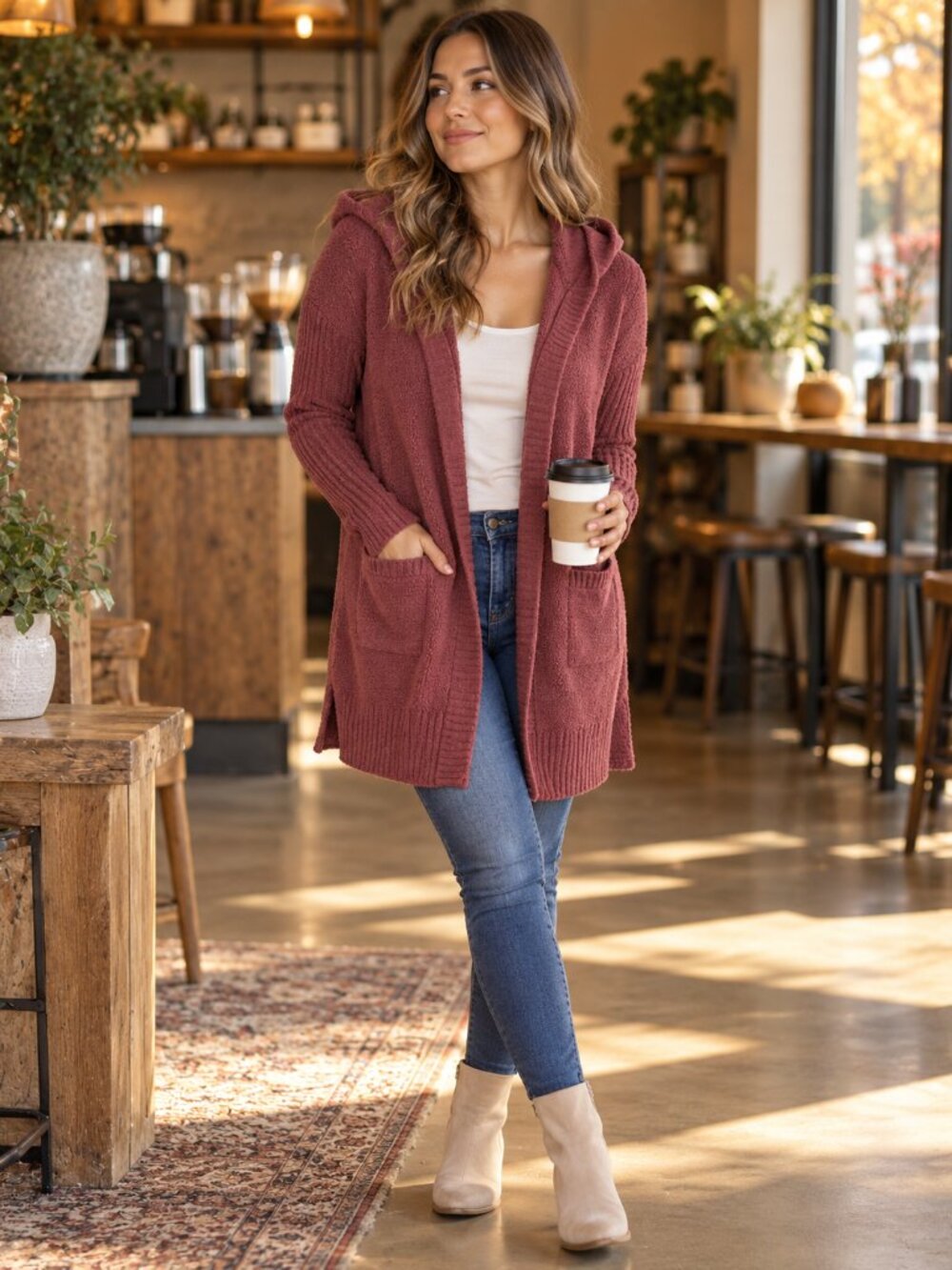 Barefoot Dreams CozyChic Lite Hooded Cardigan Dusty Rose XS
